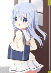  bag blue_eyes blue_hair blush cardigan cowboy_shot female from_behind from_side gochuumon_wa_usagi_desu_ka? hair_ornament hairclip highres hoto_cocoa&#039;s_school_uniform kafuu_chino light_blue_hair long_hair long_sleeves miniskirt pleated_skirt rabbit-hinata sailor_collar school_bag school_uniform serafuku skirt solo two_side_up white_sailor_collar white_skirt x_hair_ornament yellow_cardigan 