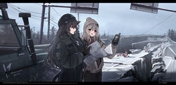  2girls animal_ears blonde_hair brown_eyes brown_hair car cat_ears cat_tail coat commentary damaged daria_(haguruma_c) dog_tags english_text forest gloves gps ground_vehicle haguruma_c highres long_hair map mercedes-benz mercedes-benz_g-class motor_vehicle multiple_girls nature original outdoors overcast red_eyes road road_sign scenery side-view_mirror sign sky smokestack snow sports_utility_vehicle sweater tail traffic_cone viveka_(haguruma_c) winter_clothes winter_coat 