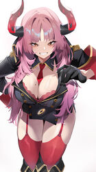  absurdres between_breasts black_footwear black_gloves black_jacket blue_archive blush boots bra breasts cleavage collarbone commentary female garter_straps gloves highres horns jacket knee_boots ktr_(tpun2553) lace-trimmed_bra lace_trim large_breasts leaning_forward long_hair looking_at_viewer messy_hair military military_uniform mole mole_on_breast necktie pink_hair red_bra red_eyes red_garter_straps red_necktie red_thighhighs satsuki_(blue_archive) shiny_skin short_necktie smile solo standing teeth thighhighs underwear uniform upper_body very_long_hair white_background zettai_ryouiki 