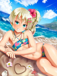  bandeau beach bikini blonde_hair blue_bikini blue_sky cloud commentary_request day dutch_angle female flat_chest grecale_(kancolle) grecale_(swimsuit_mode)_(kancolle) green_eyes grin halterneck heart highres kantai_collection long_hair looking_at_viewer lying mahiro_usagi multicolored_bandeau official_alternate_costume on_side outdoors side_ponytail sky smile solo swimsuit waves wavy_hair 