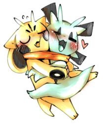  2017 b_(doneru) blush doneru duo feet heart_symbol hug k_(doneru) open_mouth simple_background tail teal_body teal_tongue toes tongue unknown_species white_background yellow_body yellow_tongue young 