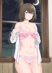  212_(kisaragi) blue_eyes blush bob_cut bra breasts brown_hair closed_mouth cloud cloudy_sky cowboy_shot crescent_moon female indoors large_breasts looking_at_viewer moon navel night night_sky open_clothes open_shirt original panties pink_bra pink_panties reflection shirt short_hair sky solo standing underwear undressing white_shirt window 