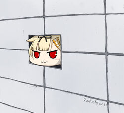  :3 artist_name black_ribbon blonde_hair blunt_bangs blush ceiling_cat chibi female hair_flaps hair_ornament hair_ribbon hairclip kantai_collection one-hour_drawing_challenge red_eyes ribbon sidelocks solo tile_wall tiles twitter_username yakuto007 yuudachi_(kancolle) yuudachi_kai_ni_(kancolle) 