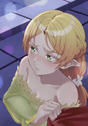  bare_shoulders blonde_hair blush breasts cape_tug cleavage elf female flower green_eyes hair_flower hair_ornament highres indoors isekai_ojisan long_hair pointy_ears rena_sakuma see-through small_breasts solo sui_(isekai_ojisan) upper_body 