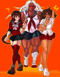  +++ 3girls :d ? absurdres ahoge arm_behind_head bandaged_leg bandages black_skirt blunt_bangs blush bow bowtie breast_pocket breasts brown_eyes brown_hair cashumeru cleavage closed_eyes collarbone commentary commission danganronpa:_trigger_happy_havoc danganronpa_(series) danganronpa_2:_goodbye_despair danganronpa_v3:_killing_harmony dango dark-skinned_female dark_skin english_commentary food full_body hair_ornament hair_scrunchie harukawa_maki highres hikarimachi_high_school_uniform holding large_breasts legs loafers long_hair looking_at_another low_twintails medium_breasts miniskirt mole mole_under_eye multiple_girls muscular muscular_female nail_polish neckerchief ogami_sakura open_mouth orange_background orange_outline owari_akane plaid plaid_skirt pleated_skirt pocket red_eyes red_legwear red_nails red_neckerchief red_scrunchie red_shirt red_skirt sanshoku_dango scar school_uniform scrunchie serafuku shiranui_high_school_uniform shirt shoes simple_background skirt smile standing star_(symbol) thick_thighs thighhighs thighs twintails twitter_username uwabaki very_long_hair wagashi walking white_bow white_bowtie white_hair white_shirt yuushinkan_high_school_uniform zettai_ryouiki 