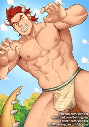  1boy abs ass_visible_through_thighs bara bowser bulge chest_hair commentary cowboy_shot english_commentary facial_hair forked_eyebrows gumroad_username jockstrap kienbiu king_koopa large_pectorals male_focus male_underwear mario_(series) muscular muscular_male navel navel_hair nipples orange_hair outdoors paid_reward_available patreon_username paw_pose pectorals sharp_teeth short_hair sideburns solo spread_legs stomach stubble teeth the_super_mario_bros._super_show! thick_thighs thighs topless_male tumblr_username twitter_username underwear underwear_only watermark web_address 