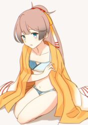  bikini brown_hair crossed_arms female flat_chest grey_eyes hair_ribbon iwana kantai_collection kazagumo_(kancolle) kazagumo_(swimsuit_mode)_(kancolle) kneeling long_hair looking_at_viewer official_alternate_costume orange_robe ponytail ribbon robe solo striped_bikini striped_clothes swimsuit 