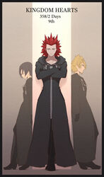  anniversary axel_(kingdom_hearts) black_coat_(kingdom_hearts) black_hair blonde_hair breasts cloak closed_mouth commentary_request facial_mark female gloves gogo_(detteiu_de) green_eyes highres hood kingdom_hearts kingdom_hearts_358/2_days multiple_boys organization_xiii red_hair roxas short_hair spiked_hair xion_(kingdom_hearts) 