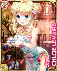  blonde_hair blue_eyes breasts chair character_name china_dress chinese_clothes chloe_lemaire cup double_bun dress female floral_print flower gaiwan girlfriend_(kari) hair_bun hair_flower hair_ornament hands_on_own_face holding indoors lantern long_hair official_art open_mouth plant potted_plant qinghua_(porcelain) qp:flapper ribbon saucer sleeveless sleeveless_dress smile solo table teacup thighs white_dress 