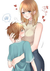  1boy absurdres age_difference between_breasts blue_eyes blush breasts brown_hair commentary_request face_between_breasts female flustered green_shirt hand_on_another's_head head_between_breasts height_difference highres mature_female onee-shota open_mouth original pencil_skirt shirt short_hair simple_background skirt sleeveless sleeveless_turtleneck t-shirt turtleneck white_background yuuki_mero 
