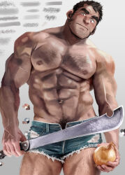  1boy abs armpit_hair armpit_hair_peek bara blush commentary_request cowboy_shot denim denim_shorts facial_hair hairy head_tilt holding holding_sword holding_weapon large_pectorals long_sideburns looking_at_viewer male_focus mature_male muscular muscular_male mustache_stubble navel navel_hair nipples onion original partially_unbuttoned pectorals sanpaku short_hair shorts sideburns solo sparse_arm_hair sparse_chest_hair sparse_navel_hair sparse_stubble standing stomach stubble suamaru sword thick_eyebrows thick_leg_hair topless_male torn_clothes torn_shorts veins veiny_arms weapon 