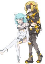  2girls ahoge ba_sarada bare_shoulders black_gloves black_pants blindfold_mask blonde_hair blue_hair blush braid braiding_another's_hair braiding_hair brushing_hair camouflage camouflage_pants closed_mouth clothing_cutout commentary covered_eyes elbow_gloves feet fingerless_gloves flower_hairclip full_body gloves hair_ornament hairclip hairdressing hand_in_another's_hair happy highres holding_another's_hair invisible_chair long_hair mask multiple_girls navel open_mouth pants ponytail seed_(zenless_zone_zero) side_cutout sitting smile suit thigh_cutout toes trigger_(zenless_zone_zero) untranslatable_commentary white_gloves white_suit zenless_zone_zero 