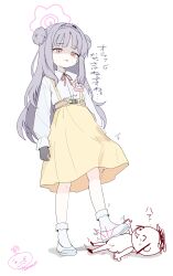  1977_oj3 1boy absurdres black_gloves blue_archive commentary_request doodle_sensei_(blue_archive) double_bun female femdom full_body gloves grimace hair_bun halo highres kindergarten_uniform lolidom long_hair long_skirt long_sleeves looking_at_another nagomi_(blue_archive) neck_ribbon red_ribbon ribbon school_uniform sensei_(blue_archive) shaded_face shirt shoes simple_background skirt socks stepped_on suspender_skirt suspenders translation_request white_background white_shirt white_shoes white_socks yellow_skirt 