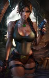  1girls alternate_breast_size big_breasts brown_eyes brown_hair female female_only gun highres holding_gun hourglass_figure lara_croft lara_croft_(survivor) large_breasts logan_cure looking_at_viewer ponytail standing_in_water tomb_raider tomb_raider_(survivor) water 