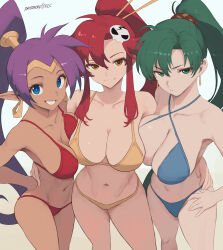  3girls bikini blue_bikini blue_eyes breast_press breasts brown_eyes cleavage collarbone commentary cowboy_shot crossover dark-skinned_female dark_skin earrings east-west_crossover english_commentary fire_emblem fire_emblem:_the_blazing_blade green_eyes green_hair grin hair_ornament hairstyle_connection high_ponytail highres jewelry large_breasts long_hair looking_at_viewer lyn_(fire_emblem) multiple_crossover multiple_girls navel patreon_username pointy_ears ponytail purple_hair red_bikini red_hair shantae shantae_(series) skull_hair_ornament smile swimsuit tengen_toppa_gurren_lagann trait_connection yellow_bikini yoko_littner zelc-face 