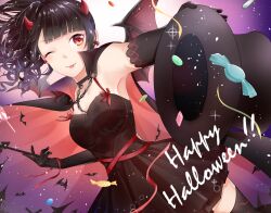  ;p animal_print armpits bare_shoulders bat_print black_cape black_choker black_dress black_gloves black_hair black_hat black_thighhighs blunt_bangs bow breasts brown_eyes candy_earrings cape chain_leash chains choker closed_mouth commentary_request confetti cowboy_shot demon_girl demon_horns demon_wings dress dress_bow elbow_gloves english_commentary english_text eyelashes female floating_hair gloves gradient_cape halloween happy_halloween hat holding holding_unworn_clothes holding_unworn_hat horns leash light_blush light_particles long_hair looking_to_the_side maple_sugar_magic_(miracle_nikki) miracle_nikki mixed-language_commentary nikki_(series) one_eye_closed pleated_dress ponytail print_cape print_thighhighs purple_background red_bow red_cape red_horns red_ribbon red_wings ribbon short_dress sleeveless sleeveless_dress small_breasts small_horns smile solo standing thighhighs tongue tongue_out top_hat two-sided_cape two-sided_fabric two-tone_background unworn_hat unworn_headwear waist_ribbon wavy_hair wendiyu white_background wings zettai_ryouiki 