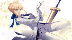  adjusting_clothes adjusting_gloves ahoge arthur_pendragon_(fate) arthur_pendragon_(fate)_(cosplay) arthur_pendragon_(white_rose)_(fate) arthur_pendragon_(white_rose)_(fate)_(cosplay) artoria_pendragon_(fate) avalon_(fate/stay_night) bad_id bad_pixiv_id blonde_hair blue_necktie blue_ribbon braid braided_bun breasts buttons closed_mouth cosplay dutch_angle excalibur_(fate/stay_night) fate/grand_order fate/stay_night fate_(series) female floral_background formal gloves green_eyes hair_between_eyes hair_bun hair_ribbon hand_up jacket leg_up light_particles long_sleeves looking_at_viewer medium_breasts necktie open_clothes open_jacket pants pocket ribbon saber_(fate) short_hair sidelocks sideways_glance single_hair_bun smile solo suit tie_clip touzai_(poppin_phl95) tsurime waistcoat white_background white_gloves white_jacket white_pants white_suit wind 