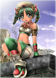  1041_(toshikazu) :d alternate_costume braid female green_eyes green_hair hat looking_at_viewer midriff navel open_mouth sitting smile solo soul_calibur soulcalibur_iii talim twin_braids twintails 