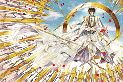  1boy black_hair blue_sky chains cloud code_geass commentary_request day hair_between_eyes hands_on_hilt hat lelouch_vi_britannia looking_at_viewer male_focus meimi_k outdoors pants petals photoshop_(medium) purple_eyes sky smile solo stole sword uniform weapon white_hat white_pants 