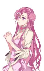  breasts cleavage code_geass collarbone commentary_request double_bun doughnut_hair_bun dress earrings euphemia_li_britannia female flower from_side hair_between_eyes hair_bun interlocked_fingers jewelry long_hair looking_up medium_breasts meimi_k own_hands_clasped own_hands_together pink_dress pink_flower pink_hair pink_rose purple_eyes rose shrug_(clothing) sideboob simple_background smile solo strapless strapless_dress upper_body very_long_hair white_background 