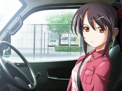  brown_eyes car female game_cg isurugi_chie katakura_shinji kira_kira motor_vehicle purple_hair vehicle 