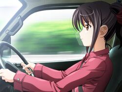  brown_eyes car driving female game_cg isurugi_chie katakura_shinji kira_kira motor_vehicle purple_hair vehicle 