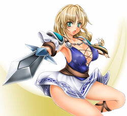  blonde_hair breasts cleavage female gladiator_sandals green_eyes long_hair looking_at_viewer open_mouth sandals skirt solo sophitia_alexandra soul_calibur soulcalibur_ii sword weapon 