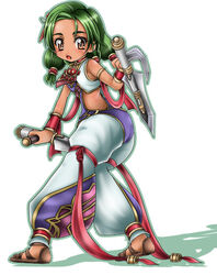  1041_(toshikazu) brown_eyes dual_wielding female green_hair looking_at_viewer open_mouth solo soul_calibur soulcalibur_iii standing talim tonfa weapon 