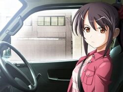  brown_eyes car female game_cg isurugi_chie katakura_shinji kira_kira motor_vehicle purple_hair vehicle 