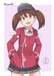  :d black_skirt brown_eyes brown_hair commentary_request female hands_in_pockets japanese_clothes kantai_collection kariginu magatama miniskirt open_mouth pleated_skirt ryuujou_(kancolle) skirt smile solo twintails twitter_username visor_cap yagara_(kishimen_f) 