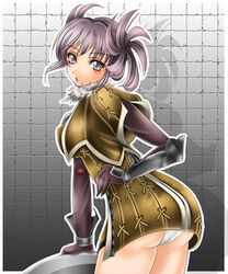  1041_(toshikazu) alternate_costume ass female looking_at_viewer mole panties purple_eyes purple_hair solo soul_calibur soulcalibur_iii standing tira tira_(soulcalibur) underwear white_panties 