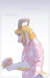  2018 anthro asgore_dreemurr beard blonde_hair blue_eyes boss_monster_(undertale) bovid caprine clothed clothing darkriallet dialogue english_text facial_hair floral_pattern flower fur gradient_background hair half-closed_eyes holding_flower holding_object horn long_ears male mammal mature_anthro mature_male narrowed_eyes pink_clothing pink_shirt pink_topwear plant sharp_teeth shirt simple_background solo standing teeth text topwear undertale undertale_(series) white_body white_fur yellow_body yellow_fur 