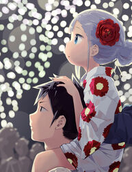  1boy aerial_fireworks aharen-san_wa_hakarenai aharen_reina backlighting black_eyes black_hair blue_eyes carrying closed_eyes commentary_request female fireworks floral_print flower from_side hair_bun hair_flower hair_ornament hair_up hand_on_another&#039;s_head highres japanese_clothes kimono light_purple_hair looking_away looking_up matsuboshi_raidou mizu_asato night night_sky obi official_art parted_lips petite photoshop_(medium) profile red_flower sash shoulder_carry single_hair_bun sky yukata 