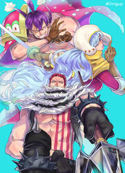  2boys abs aqua_background armlet bare_arms bare_shoulders black_gloves black_pants black_vest blue_eyes blue_hair brother_and_sister brothers brown_gloves burn_scar cape charlotte_cracker charlotte_katakuri charlotte_smoothie chest_tattoo commentary covered_mouth elbow_gloves english_commentary evil_grin evil_smile female foreshortening gloves grin hair_between_eyes hair_over_one_eye half-closed_eyes highres holding holding_polearm holding_sword holding_weapon index_finger_raised lips living_(pixiv5031111) long_hair long_sleeves looking_at_viewer looking_back looking_down manly mixed-language_commentary multiple_boys muscular muscular_male one_piece open_clothes open_vest outstretched_arm pants parted_lips pectorals photoshop_(medium) polearm polka_dot purple_eyes purple_hair purple_lips red_eyes red_hair scar scar_across_eye scar_on_face scarf scarf_over_mouth short_hair siblings simple_background smile spear spiked_armlet spikes stitches stomach_tattoo sword tattoo topless_male twintails twitter_username very_long_hair vest weapon 