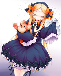  abigail_williams_(fate/grand_order) afterimage anbee_(arary) blonde_hair bloomers blue_hairband blush bow bug butterfly closed_eyes dress dutch_angle embarrassed eyebrows_visible_through_hair facial_mark fate/grand_order fate_(series) female female flying_sweatdrops forehead_mark gradient gradient_background hairband hairbow hands_up have_to_pee highres holding insects key legs_together long_hair long_sleeves open_mouth orange_bow polka_dot polka_dot_bow purple_bow purple_dress simple_backgorund sleeves_past_fingers sleeves_past_wrists solo standing stuffed_animal stuffed_bear stuffed_toy sweat tears trembling underwear very_long_hair white_background white_bloomers 