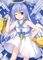  ;) angel angel_wings bad_id bad_pixiv_id bare_arms bare_shoulders bell bellringer_angel blue_eyes blue_hair blue_sky blush closed_mouth cloud collarbone commentary_request criss-cross_halter day dress feathered_wings feathers female hair_between_eyes hair_ornament hairclip halo halterneck hand_on_own_hip holding long_hair one_eye_closed outdoors photoshop_(medium) see-through shadowverse sky smile solo sparkle tukino_neru very_long_hair white_dress white_feathers white_wings wings 