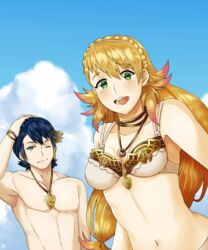  1boy alfonse_(fire_emblem) bare_pectorals bikini blonde_hair blue_eyes blue_hair braid breasts brother_and_sister cleavage cloud cloudy_sky commentary day female fire_emblem fire_emblem_heroes green_eyes hand_on_own_head highres jewelry long_hair looking_at_viewer maji_(majibomber) medium_breasts midriff multicolored_hair navel necklace one_eye_closed open_mouth pectorals pink_hair sharena_(fire_emblem) short_hair siblings sky smile swimsuit upper_body wristband 