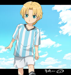  1boy aoto_gonzales_takuma aqua_eyes bad_id bad_pixiv_id blonde_hair character_name cloud day ginga_e_kickoff!! letterboxed male_focus mizuhara_aki outside_border sky soccer_uniform solo sportswear 