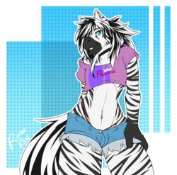  2016 alec_(f1r3w4rr10r) alpha_channel anthro black_hair blue_eyes bottomwear choker clothed clothing crop_top denim denim_clothing digital_media_(artwork) equid equine femboy front_view hair hand_on_leg hand_on_thigh jewelry long_hair male mammal multicolored_hair navel navel_piercing necklace piercing shirt shorts simple_background skimpy smile solo stripes tattoorexy topwear transparent_background two_tone_hair white_hair zebra 