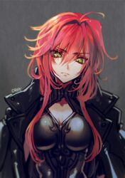  :&lt; armor artist_name breasts cleavage commentary_request creayus female green_eyes grey_background gunslinger_(ragnarok_online) long_hair medium_breasts ragnarok_online red_hair simple_background solo 