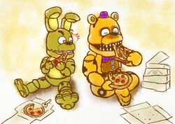  7nulls adventure_nightmare_fredbear_(fnaf) adventure_springtrap_(fnaf) animatronic bear bow_(feature) bow_tie clothing duo five_nights_at_freddy&#039;s five_nights_at_freddy&#039;s_world food hat headgear headwear lagomorph leporid machine mammal pizza rabbit robot scottgames top_hat 