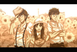  2boys aged_down commentary_request female flower hajime_no_ippo hat hyperplus kamogawa_genji letterboxed long_hair multiple_boys nekota_ginpachi photoshop_(medium) sepia short_hair smile sun_hat sunflower yuki_(hajime_no_ippo) 