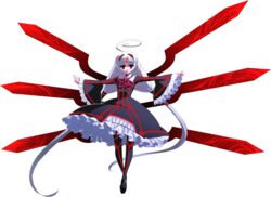  absurdly_long_hair ahoge black_pantyhose dress empty_eyes expressionless female forehead_jewel frilled_dress frilled_sleeves frills full_body glowing hair_ornament highres huge_ahoge long_hair long_sleeves looking_at_viewer low_twintails mary_janes official_art pantyhose red_eyes shoes solo transparent_background twintails under_night_in-birth vatista_(under_night_in-birth) very_long_hair white_hair wings yoshihara_seiichi 