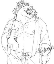  anthro belly facial_hair kemono kmd023 male mammal melee_weapon monochrome moustache muscular muscular_anthro muscular_male navel nipples pecs solo suid suina sus_(pig) sword weapon wild_boar 