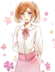  blue_eyes blush brown_hair commentary_request extra female nein_(album) pink_ribbon pink_skirt ribbon shirt shishiyon short_hair skirt smile solo sound_horizon twintails twitter_username white_shirt 