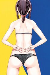  arms_behind_back ass back bare_arms bare_legs bare_shoulders bikini black_bikini butt_crack facing_away female fingernails from_behind gimp_(medium) halterneck harukana_receive highres legs_apart median_furrow nape nyoijizai official_art open_hand orange_hair ponytail scan shoulder_blades sidelocks simple_background skindentation solo standing string_bikini swimsuit thighs tooi_narumi v 