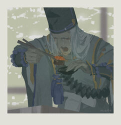  1boy abe_no_seimei_(onmyoji) bead_bracelet beads border bracelet chopsticks closed_eyes commentary_request crying eating eyeshadow food green_background grey_border grey_hair gunkanmaki hat hjl japanese_clothes jewelry kariginu long_hair makeup male_focus nose onmyoji open_mouth photoshop_(medium) signature solo sushi tassel tate_eboshi tears very_long_hair white_hair wide_sleeves 