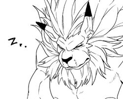  bandai_namco beard digimon digimon_(species) facial_hair kmd023 leomon male mane monochrome nipples pecs reaction_image sleeping solo sound_effects vowelless vowelless_sound_effect zzz 