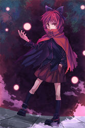  akni bad_id bad_pixiv_id bow cape female hairbow hand_in_pocket long_sleeves photoshop_(medium) red_eyes red_hair sekibanki short_hair skirt solo touhou 