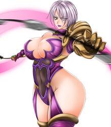  1041_(toshikazu) blue_eyes breasts cleavage female huge_breasts isabella_valentine looking_at_viewer purple_hair solo soul_calibur soulcalibur_ii standing weapon whip 